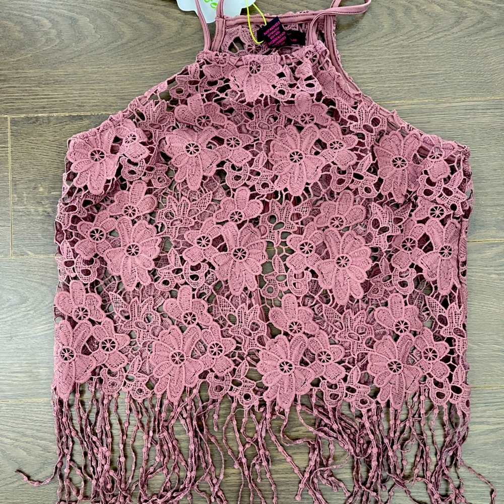 It’s Pink Mauve Crochet Split Back Fringe Tank